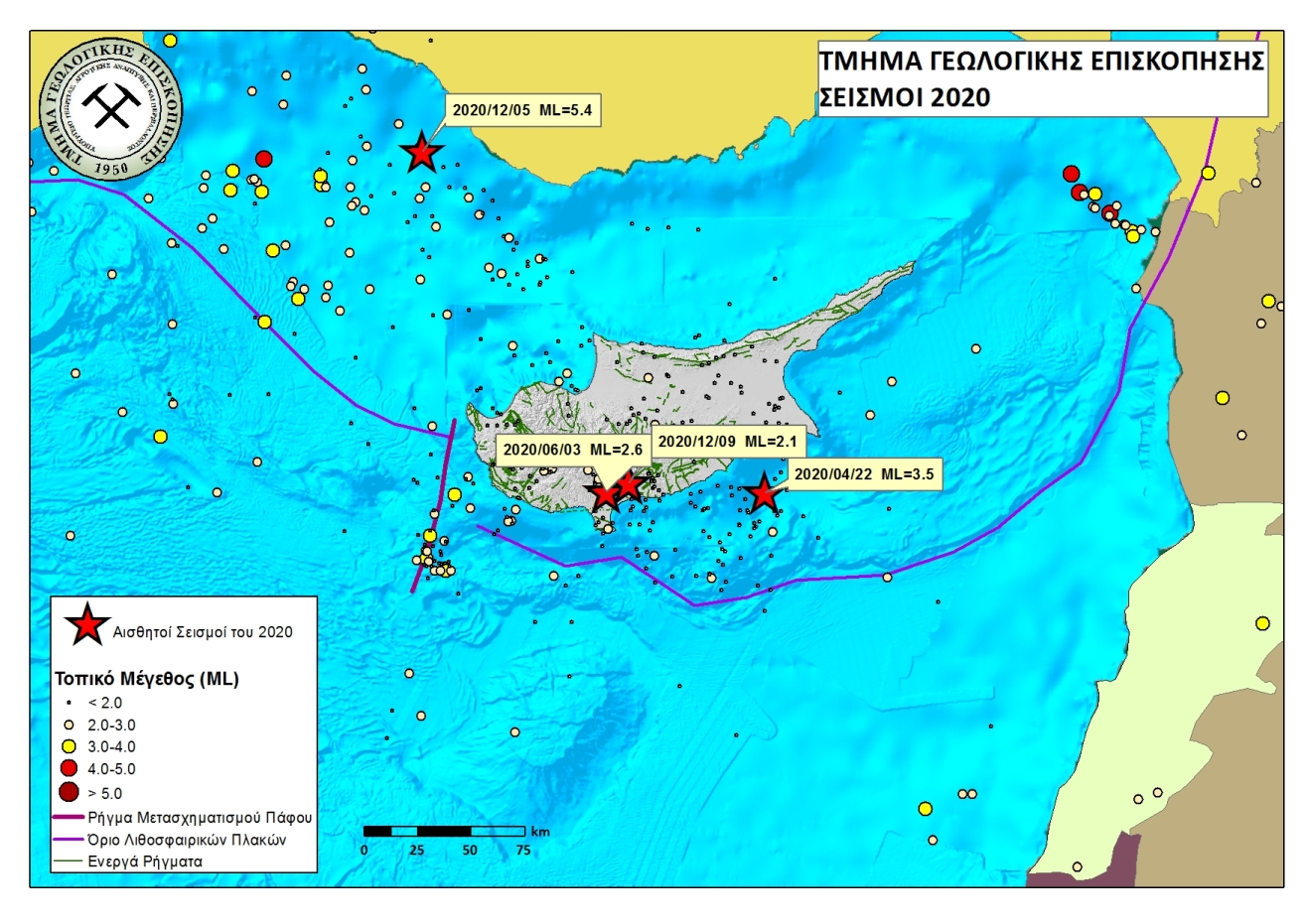 Χωρική κατανομή, ως προς το μέγεθος, των τοπικών σεισμών της Κύπρου που έχουν καταγραφεί από το Σεισμολογικό Κέντρο του Τμήματος Γεωλογικής Επισκόπησης κατά το έτος 2020